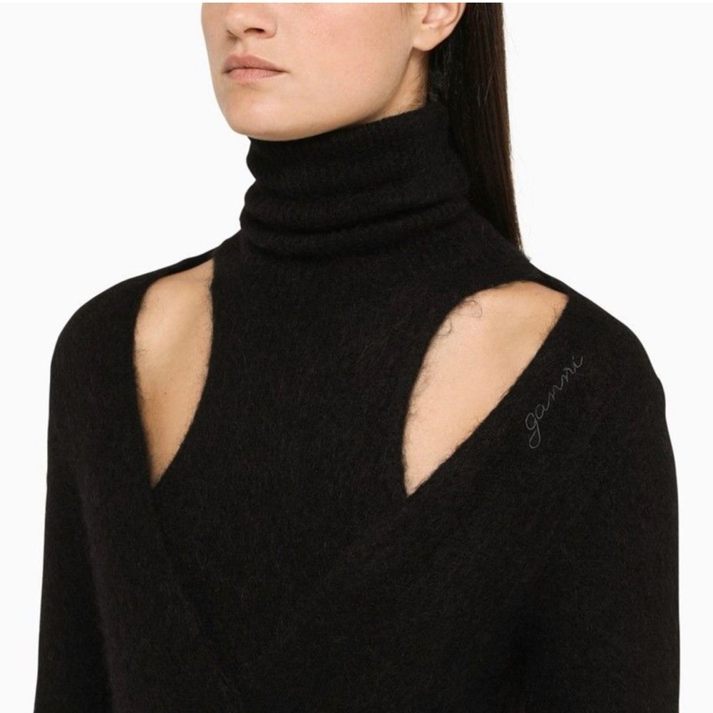 GANNI Alpaca Blend Black Cut out Turtleneck Wrap Sweater - Picture 5 of 11